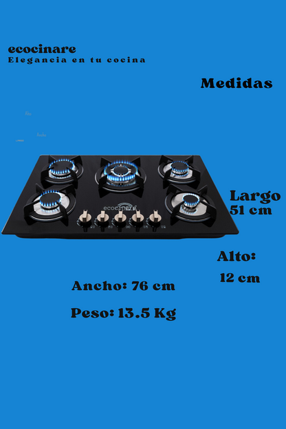 PARRILLA EMPOTRABLE CRISTAL TEMPLADO 5 QUEMADORES