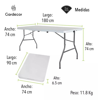 Mesa Plegable Portafolio Plastico 180cm Resistente Exterior Color Blanco